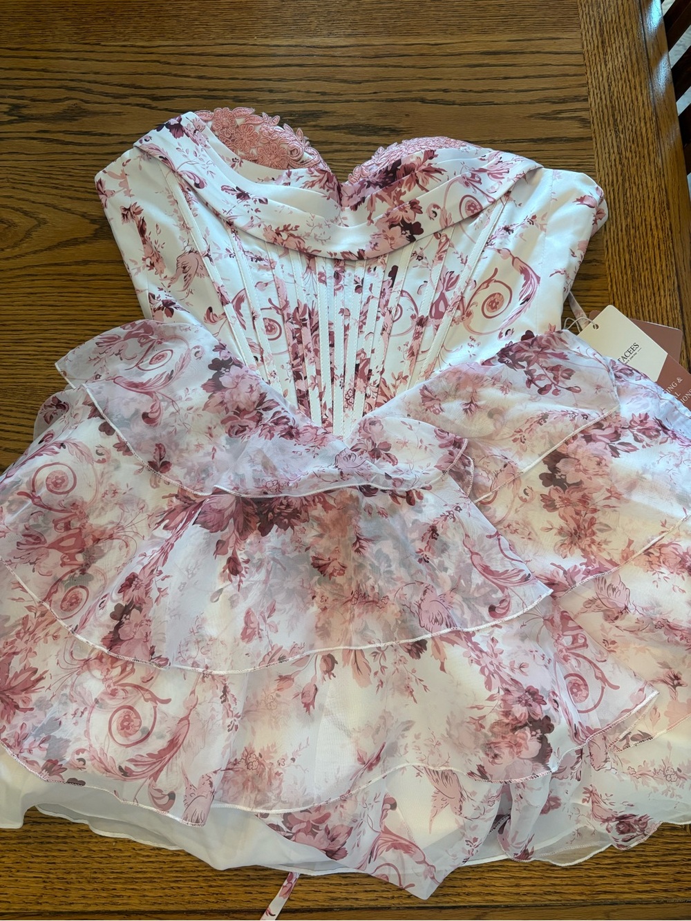 Strapless Pink Floral Ruffle Party Dress
